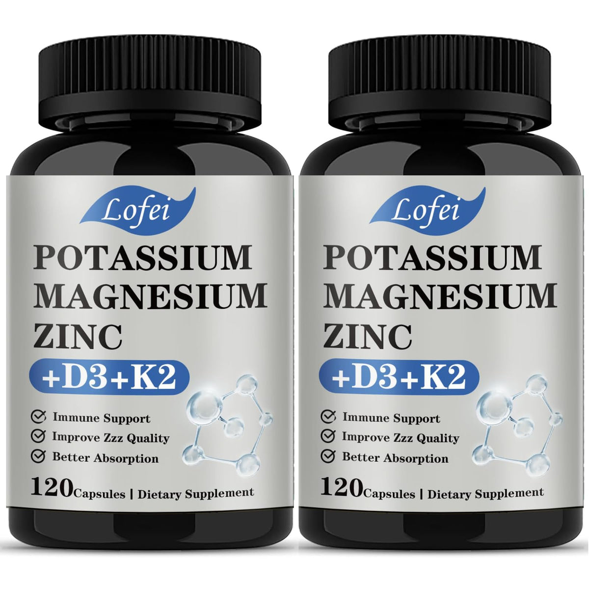 Lofei potassium magnesium zinc supplement bottle highlights daily wellness support.