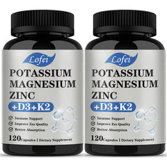 Lofei potassium magnesium zinc supplement bottle highlights daily wellness support.