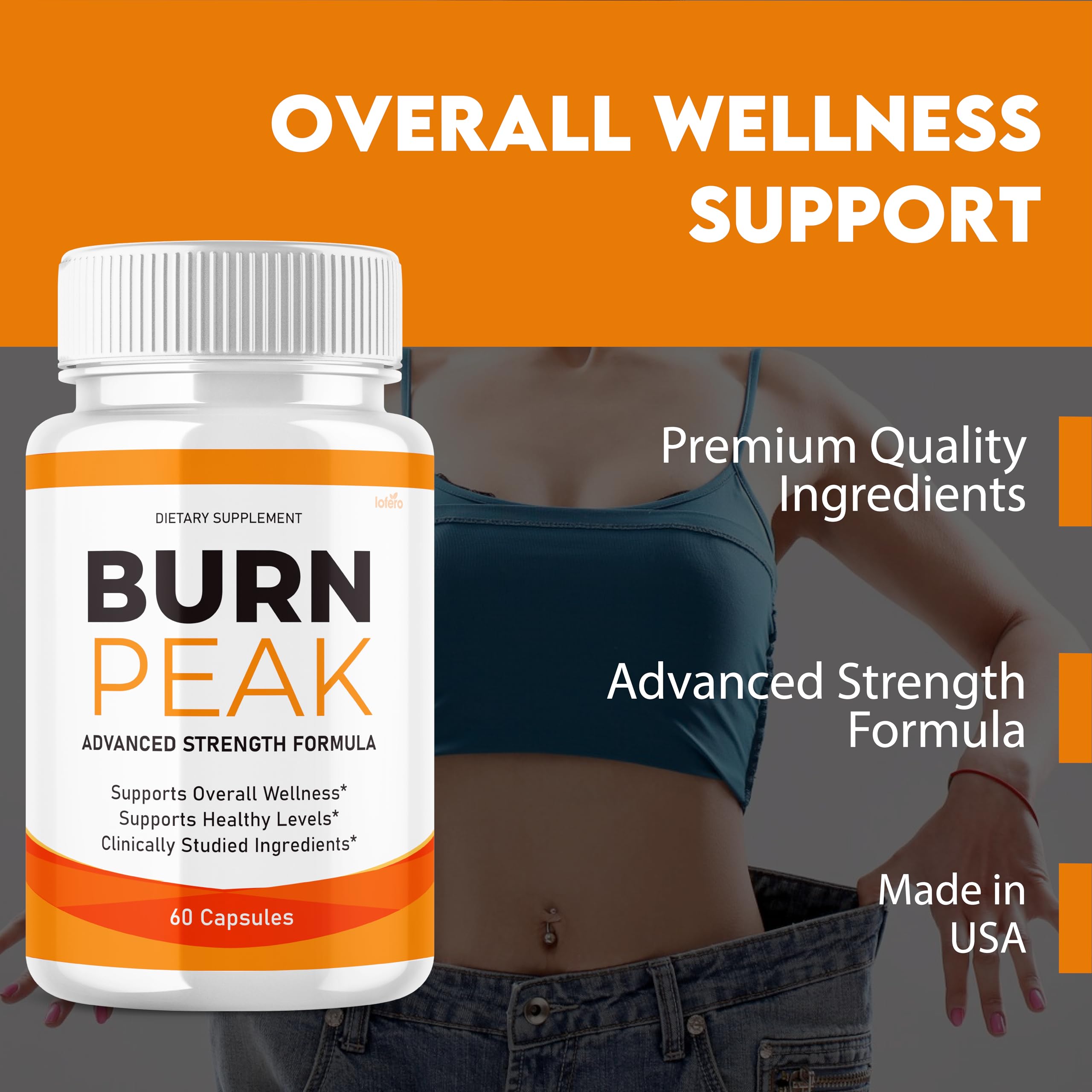 Lofero Burn Peak bottle back view, label with ingredients and guidance