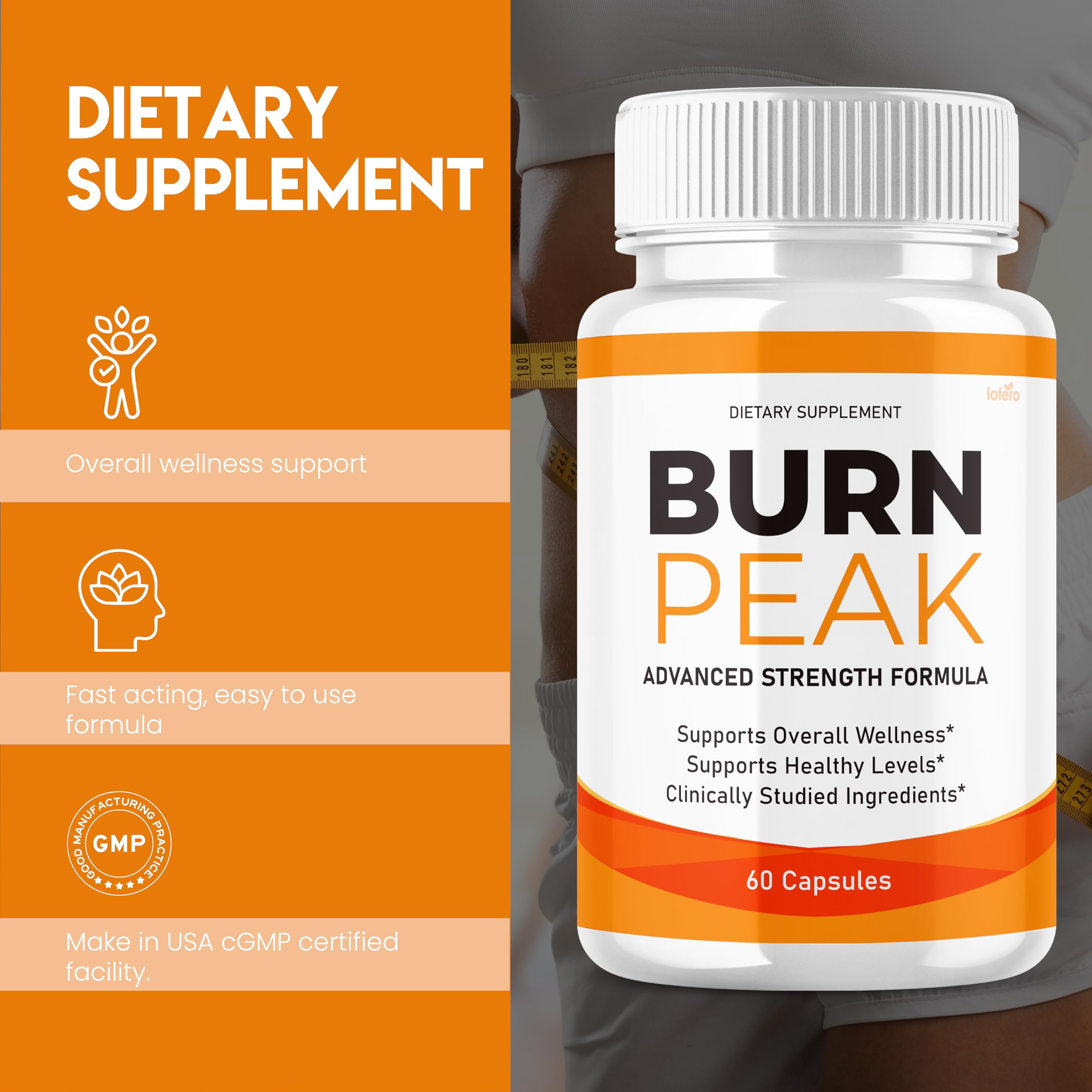 Lofero Burn Peak bottle front view, easy pre-workout booster on display