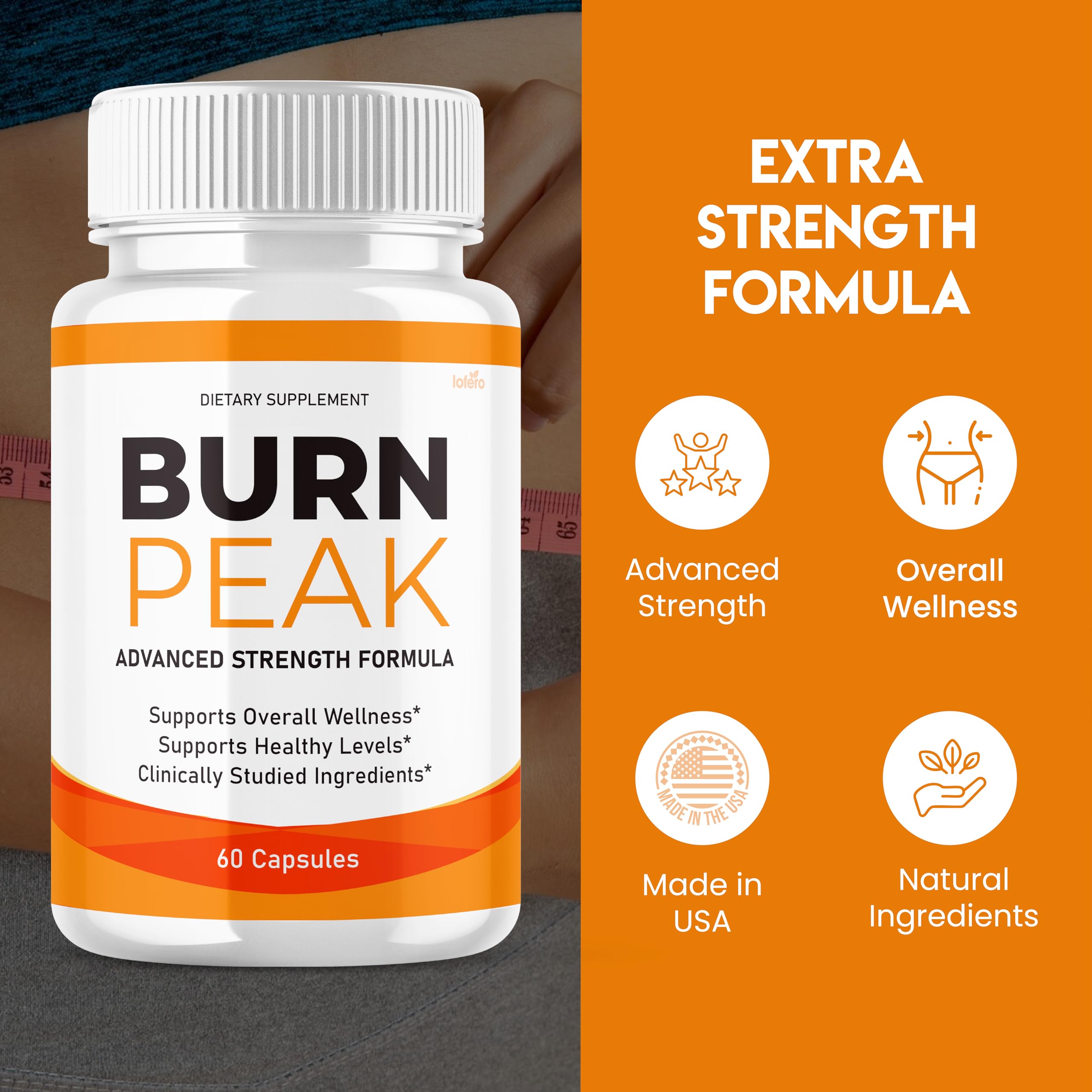 Lofero Burn Peak label closeup, clear branding and dosage notes