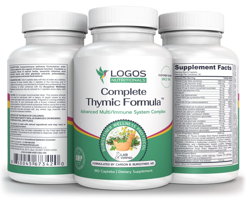 Logos Nutritionals Complete Thymic Formula bottle supports daily immune vitality.