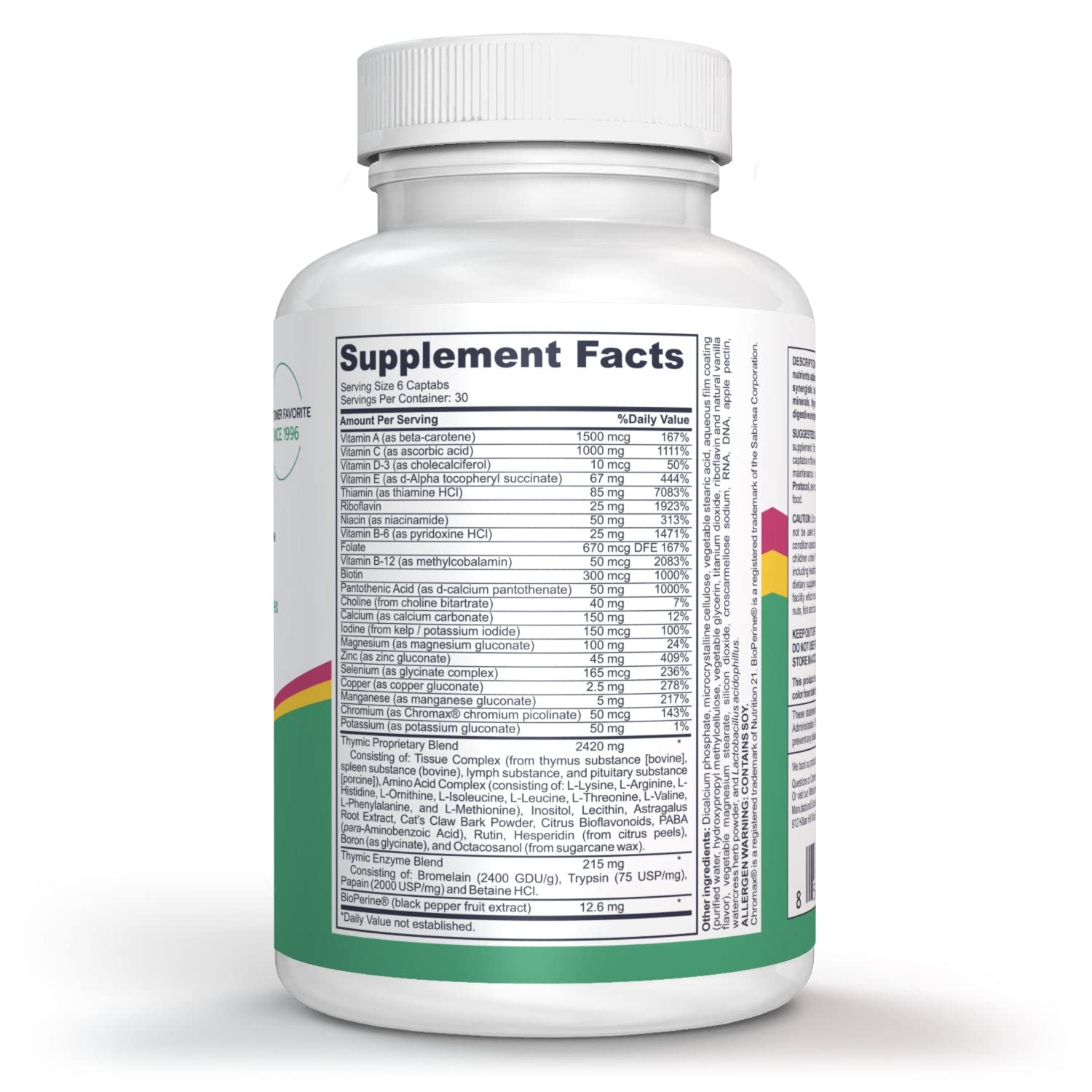 Logos Nutritionals Complete Thymic Formula ingredients highlight vitamins, minerals, thymus extracts.