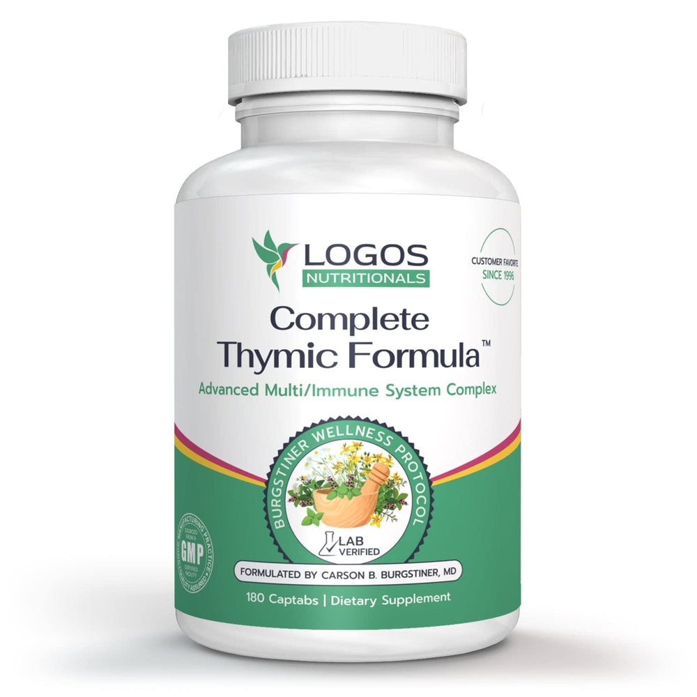 Logos Nutritionals Complete Thymic Formula label shows key nutrients.