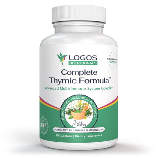 Logos Nutritionals Complete Thymic Formula label shows key nutrients.