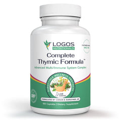 Logos Nutritionals Complete Thymic Formula label shows key nutrients.