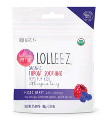 Lolleez kids throat pops mixed berry flavor for kid-friendly soothing.