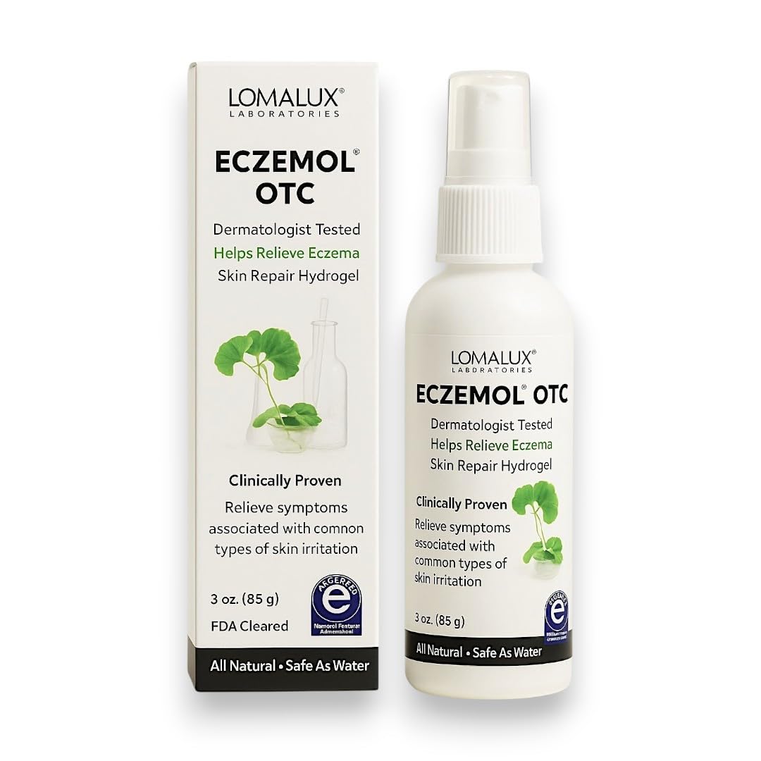 Loma Lux Eczemol spray bottle pour demonstrates easy, safe application for irritated skin.