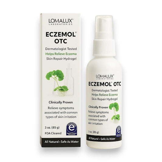 Loma Lux Eczemol spray bottle pour demonstrates easy, safe application for irritated skin.