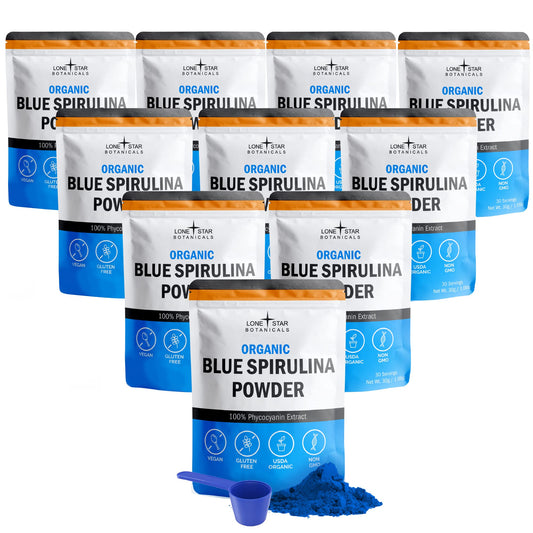 Lone Star Botanicals blue spirulina powder in a jar, ideal for vibrant smoothies.