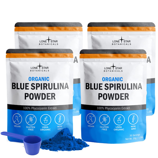 Lone Star Botanicals blue spirulina powder in a jar boosts smoothie color with pure blue hue.