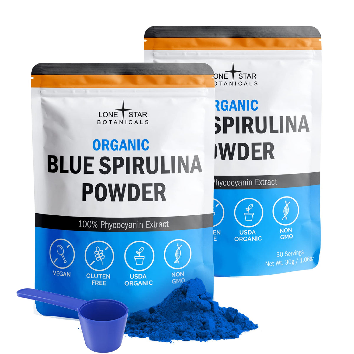 Lone Star Botanicals Blue Spirulina Powder in a jar, vibrant color for smoothies