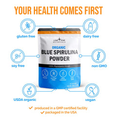 Lone Star Botanicals blue spirulina powder label highlighting USDA Certified status.