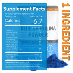 Lone Star Botanicals blue spirulina powder with scoop highlights easy measuring for protein drinks.
