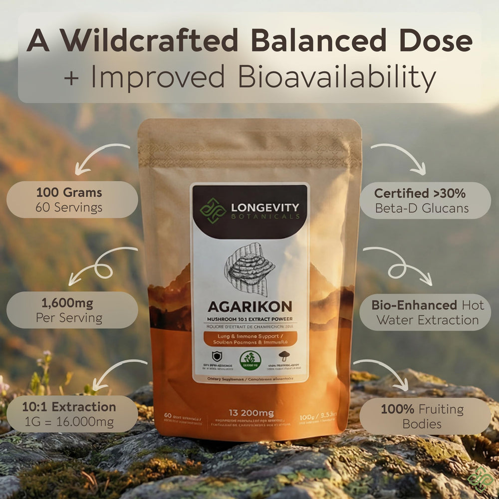Longevity Botanicals Agarikon powder scoop for easy daily dosing and resilience