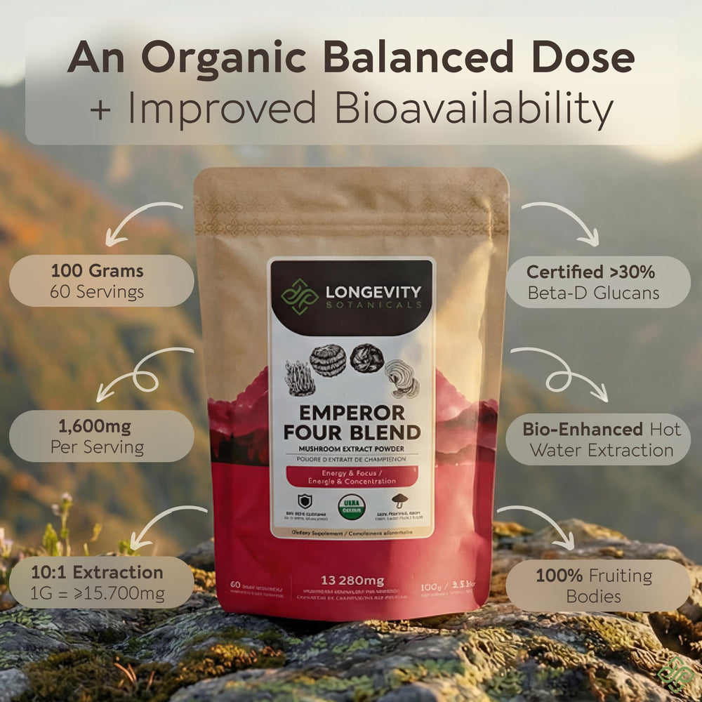 Four-species Emperor 4 blend including lion's mane for immune balance.