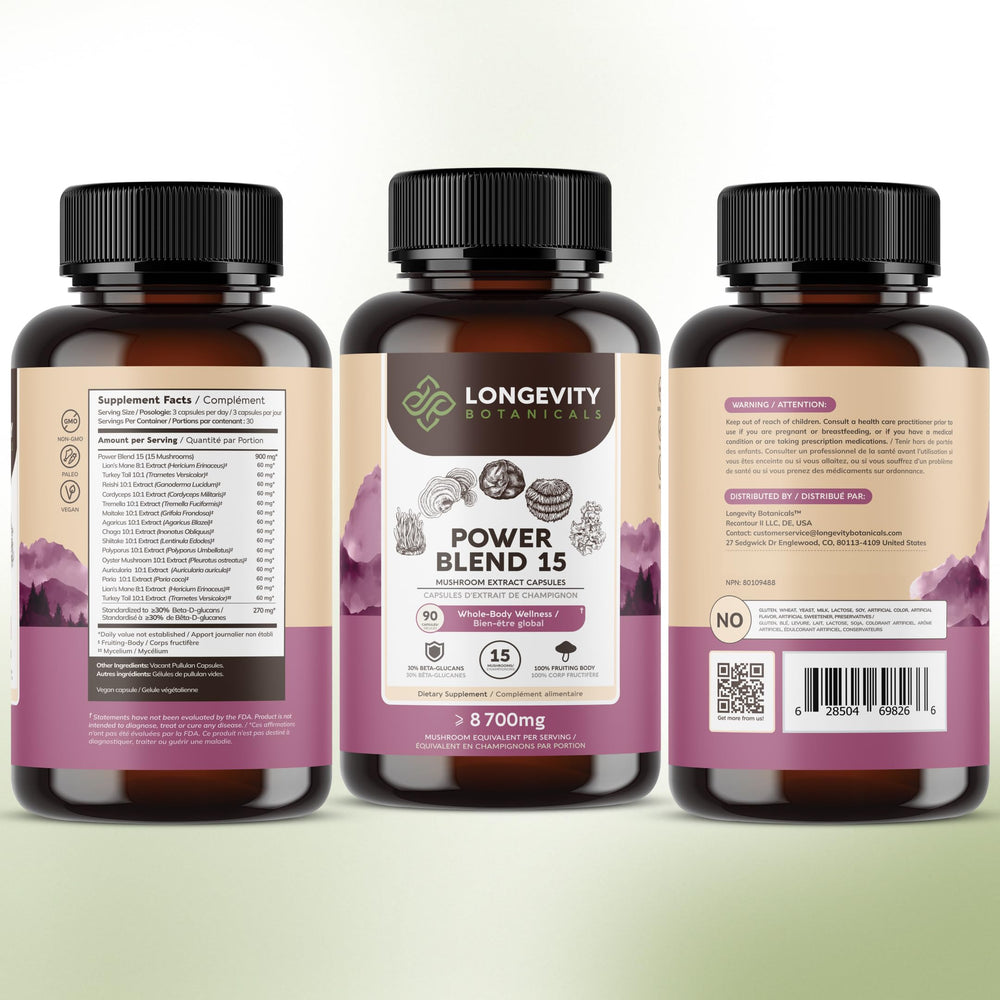 Longevity Botanicals Power 15 bottle on countertop suggesting daily routine use.