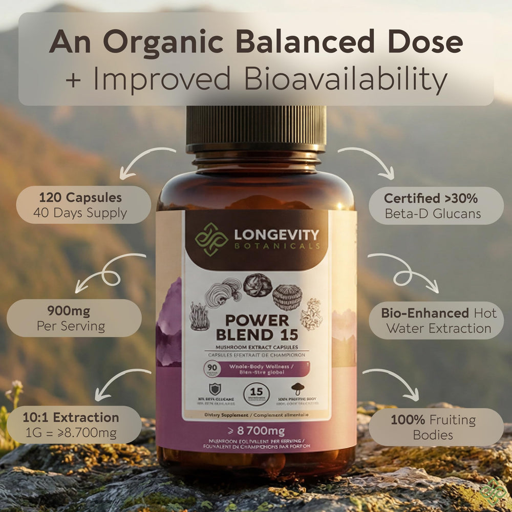 Longevity Botanicals Power 15 label information highlighting organic, vegan, and gluten-free features.