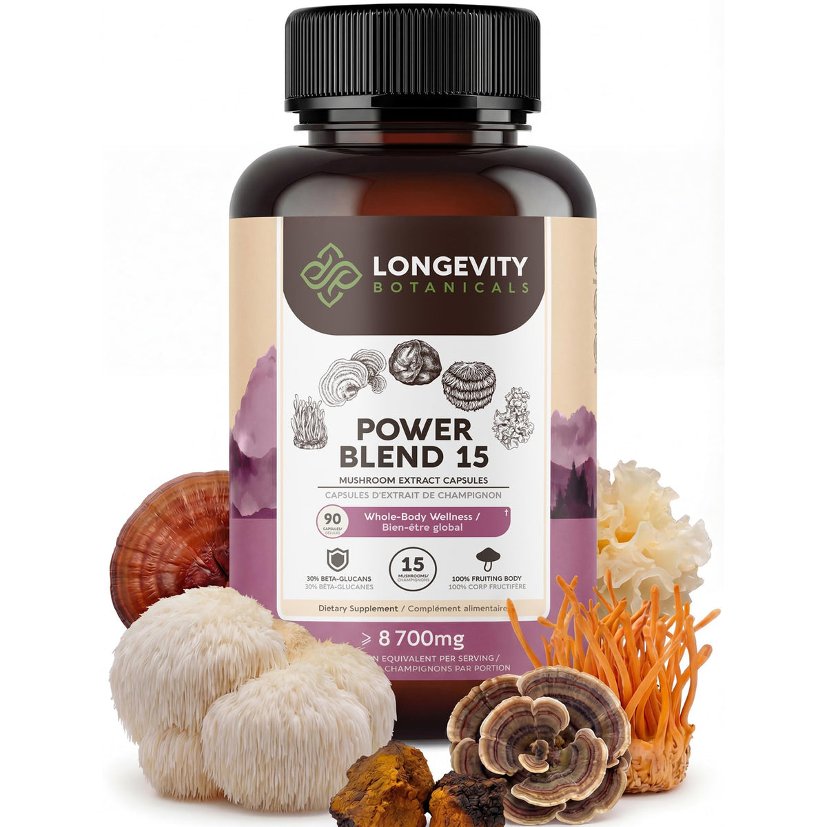 Longevity Botanicals Power 15 bottle front showing premium mushroom blend for daily immune support.