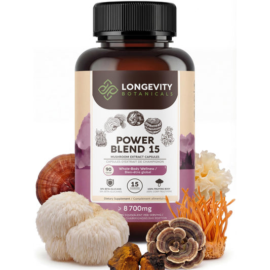 Longevity Botanicals Power 15 bottle front showing premium mushroom blend for daily immune support.