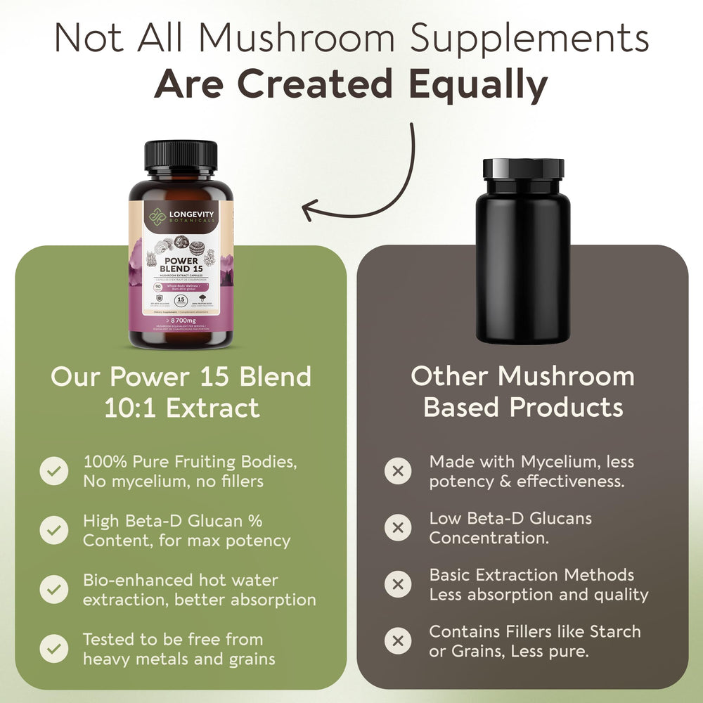 Longevity Botanicals Power 15 mushroom fragments close-up highlighting fruiting bodies.