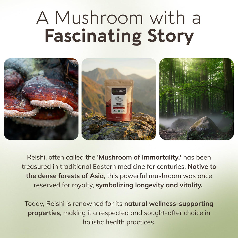Longevity Botanicals Reishi powder label emphasizes 30% beta-D-glucans.