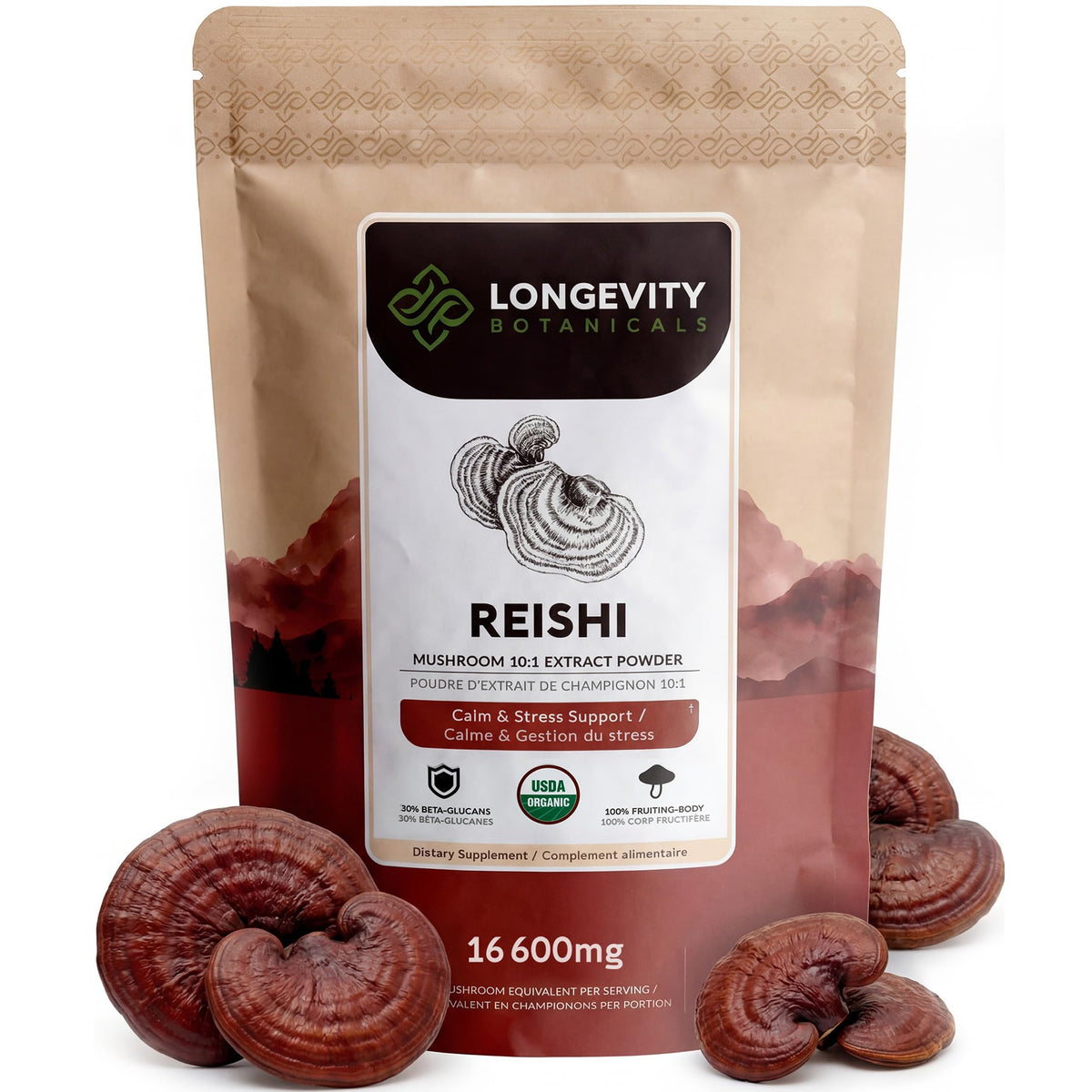 Longevity Botanicals Reishi powder bottle front for calm evening routine.