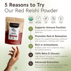 Longevity Botanicals Reishi powder in mug with warm tea for sleep.