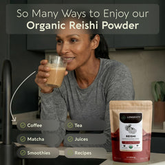 Longevity Botanicals Reishi powder macro texture highlighting fine particles.