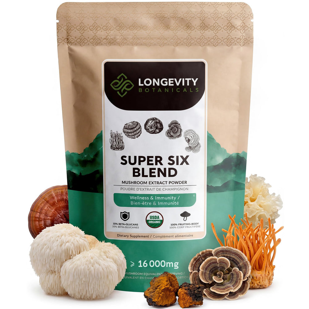 Longevity Botanicals Super Six powder bottle front showing six-mushroom blend for daily immune support.