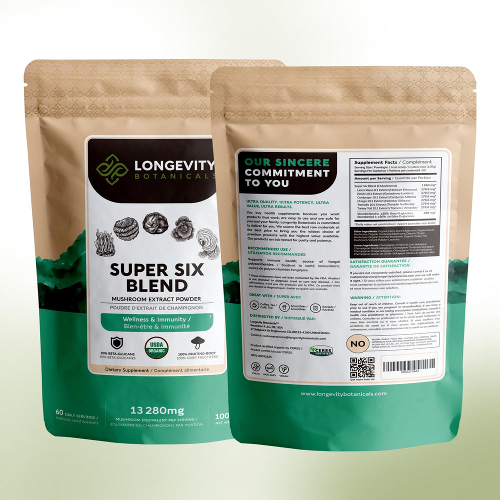 Longevity Botanicals Super Six micronized powder detail suggesting smooth blending.