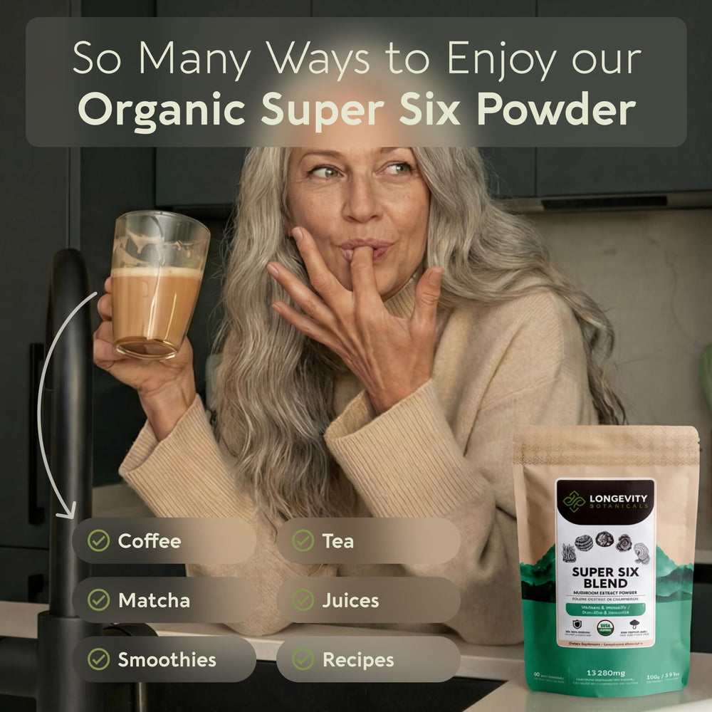 Longevity Botanicals Super Six textured powder closeup highlighting natural color and texture.