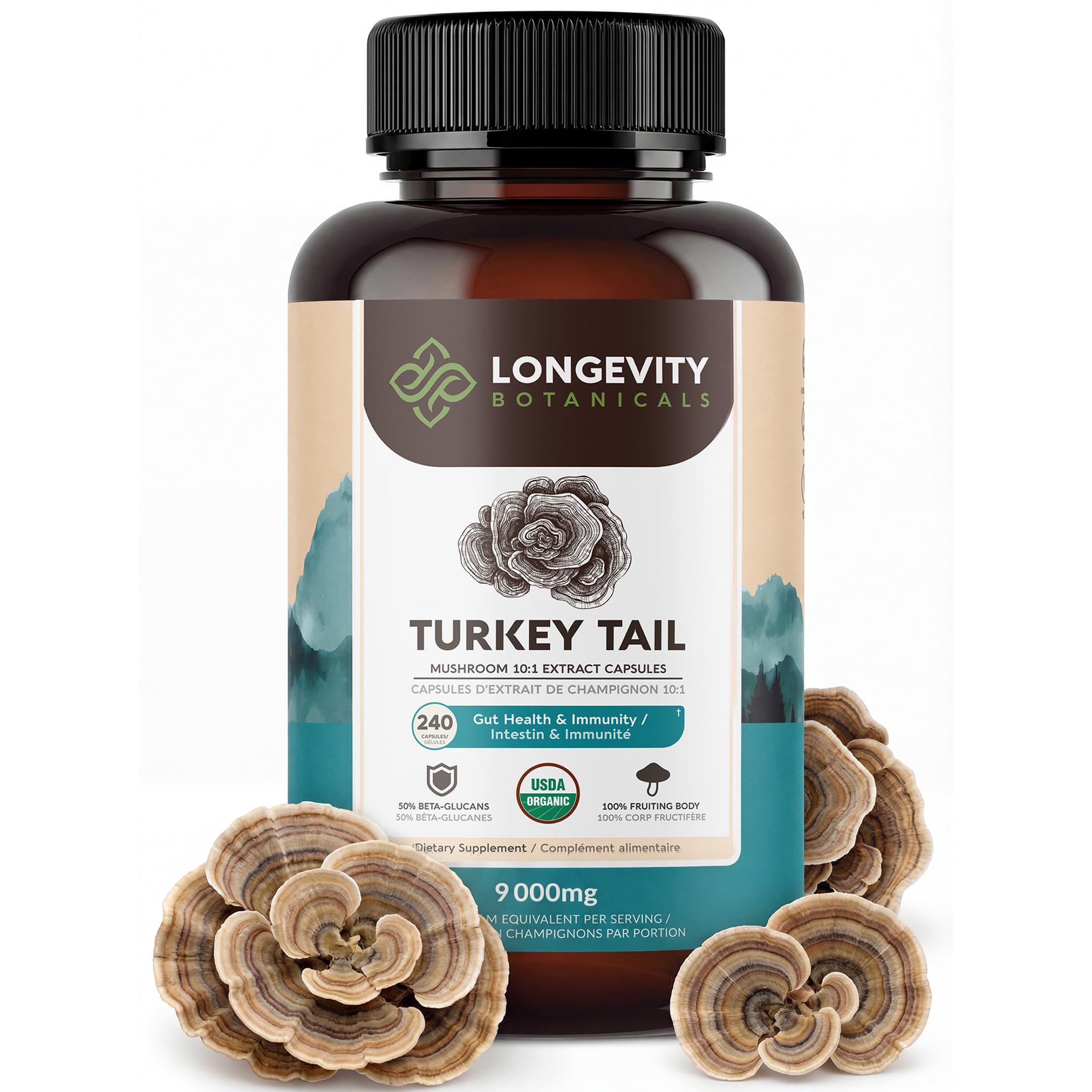 Longevity Botanicals Turkey Tail capsules bottle highlights daily immune and gut support