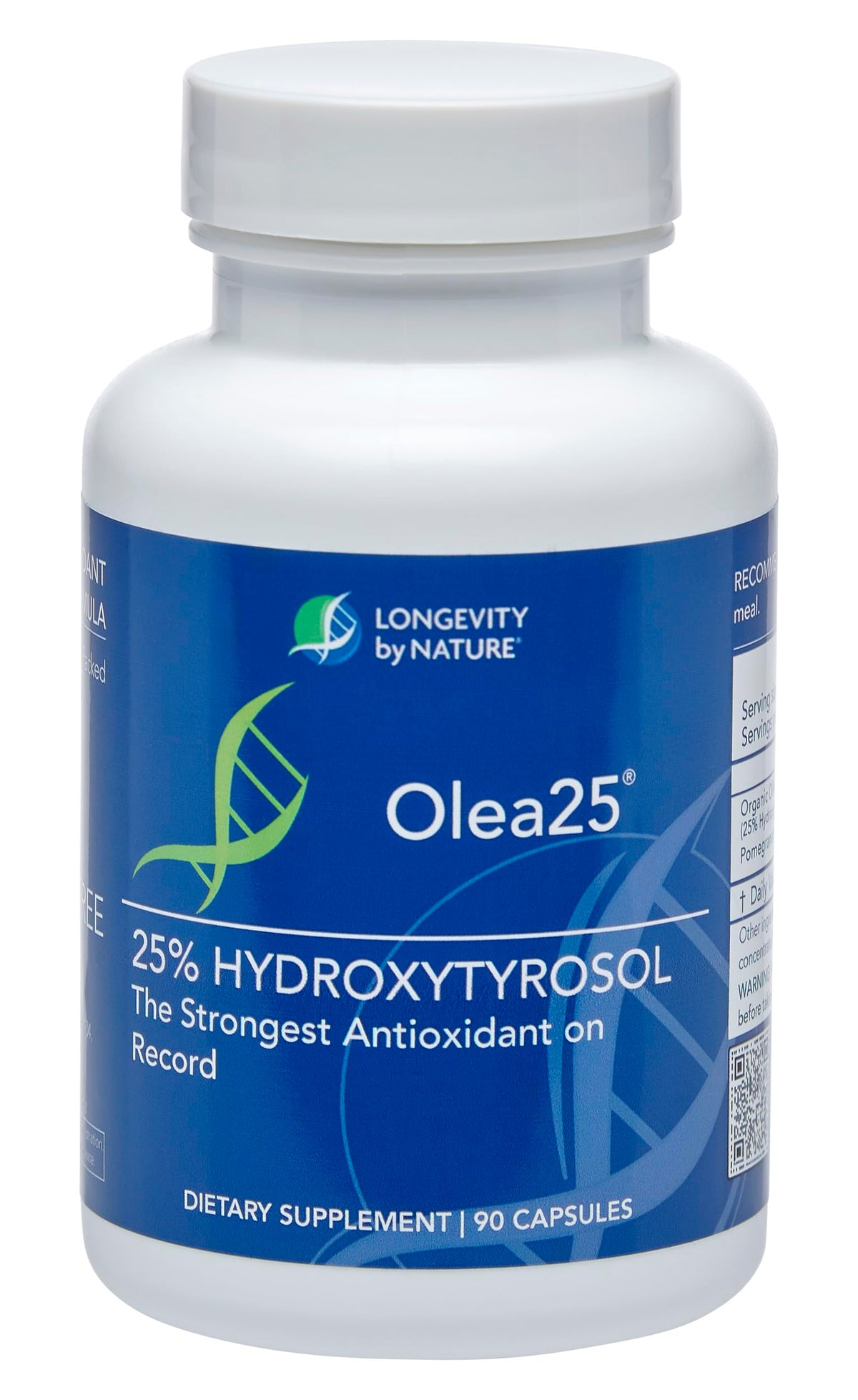 Longevity by Nature hydroxytyrosol capsules being poured from a bottle for daily antioxidant support.