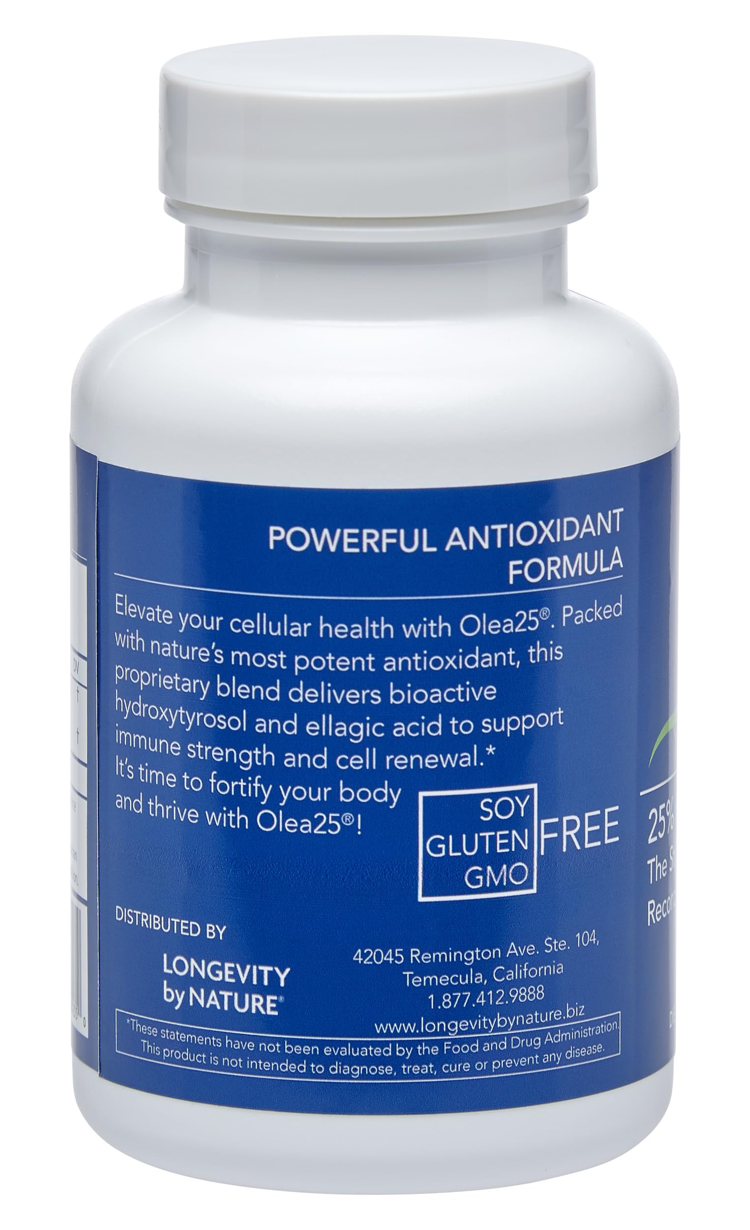 Product label on Longevity by Nature olive leaf extract packaging highlighting organic origin and wellness support.