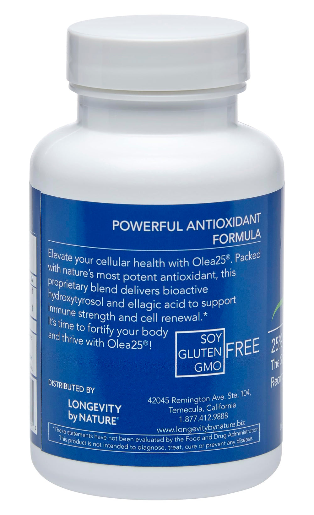 Product label on Longevity by Nature olive leaf extract packaging highlighting organic origin and wellness support.