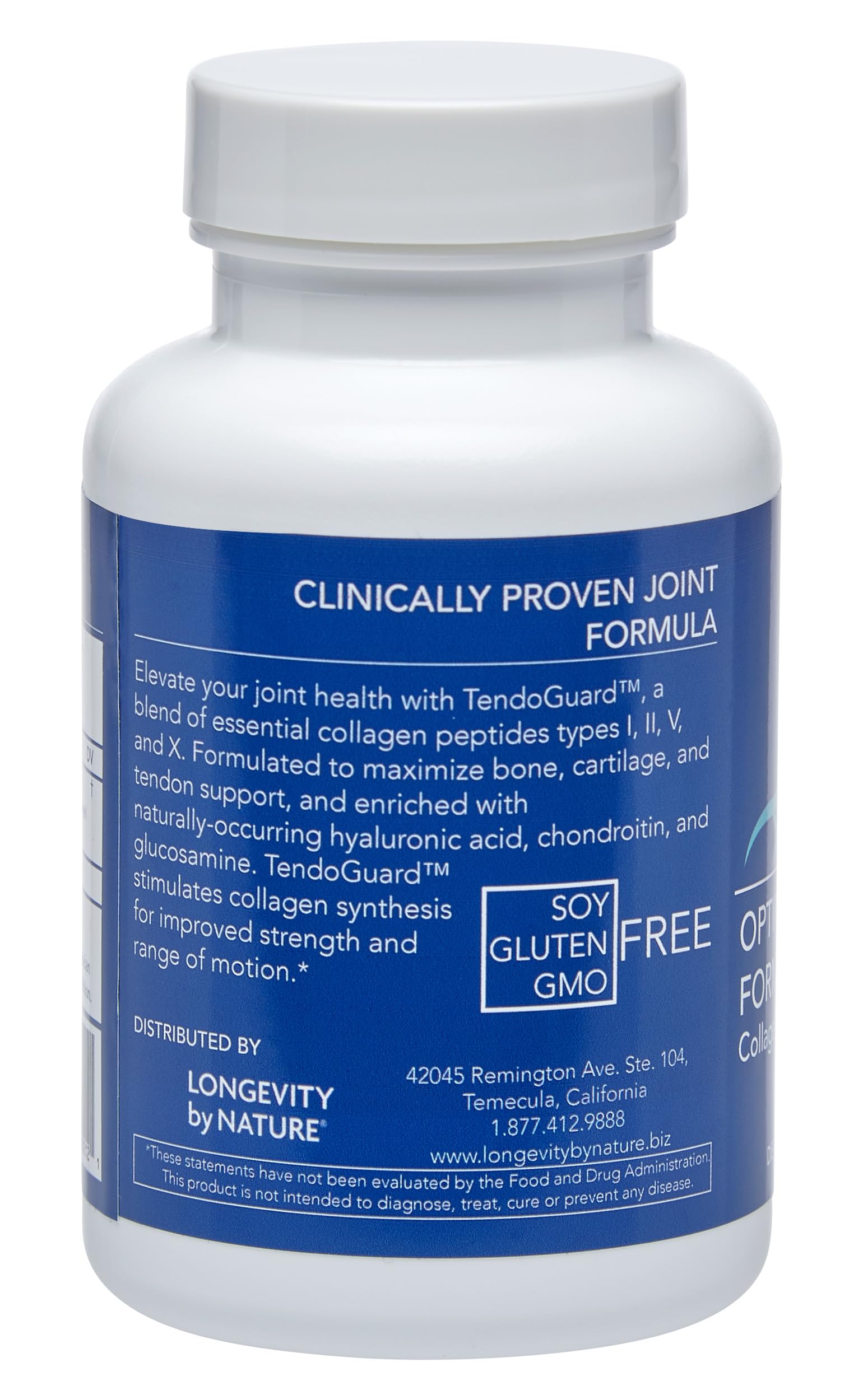 Longevity by Nature TendoGuard bottle shows collagen peptides supporting connective tissue