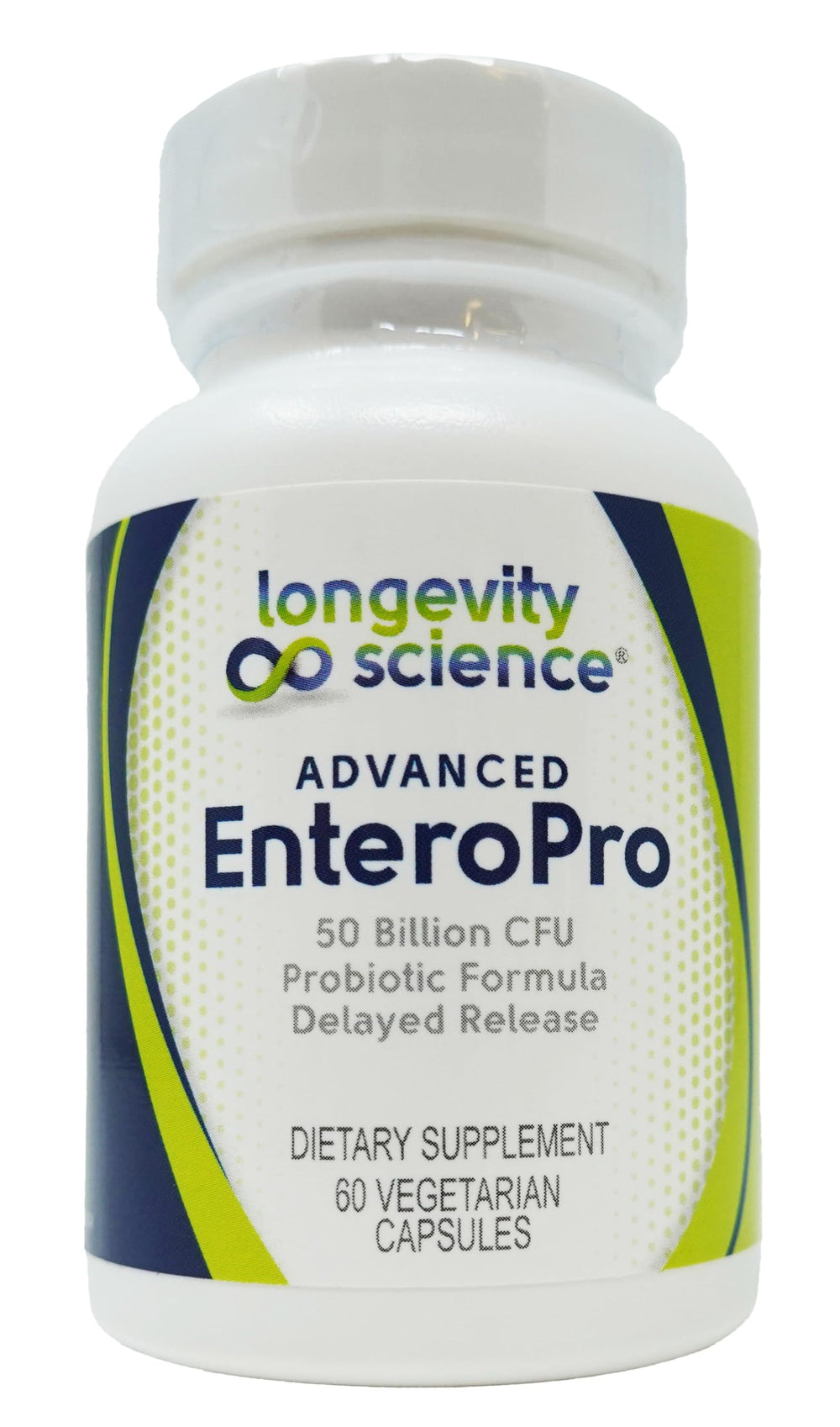 Longevity EnteroPro bottle front view, shelf-stable probiotic for daily support.
