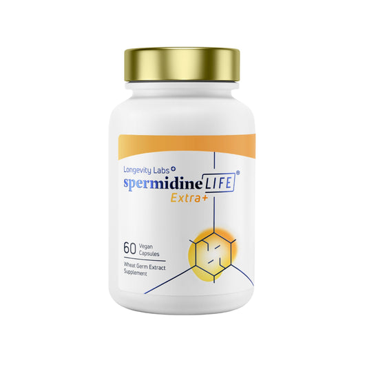 Longevity Labs+ spermidineLIFE Extra+ bottle for daily vegan cellular support.