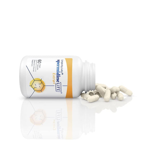 Longevity Labs+ spermidineLIFE Extra+ capsules close-up highlighting vegan wellness benefits.