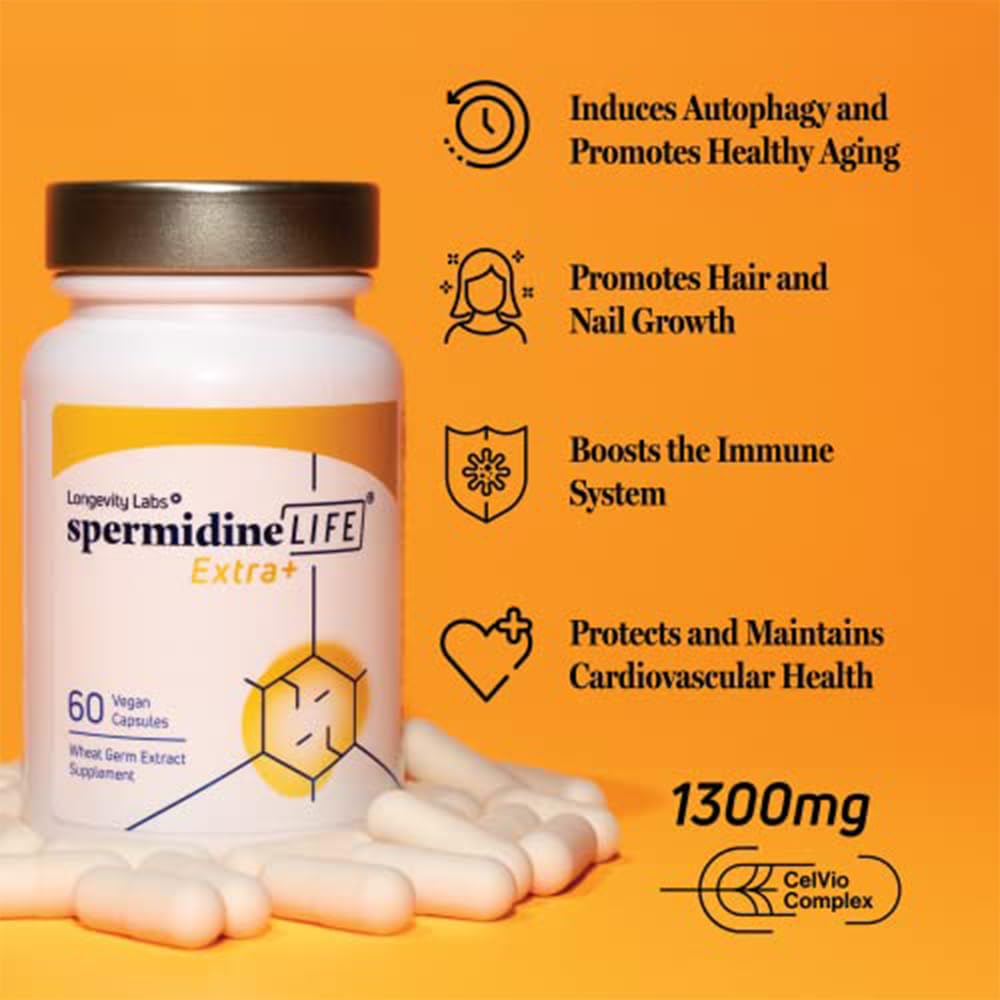 Longevity Labs+ spermidineLIFE Extra+ vegan-friendly formula for everyday wellness.