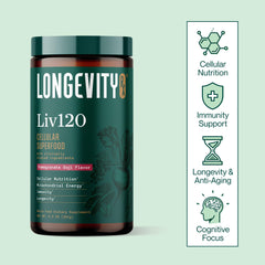 Longevity Rx Liv120 packaging display confirming non-GMO and vegan formula