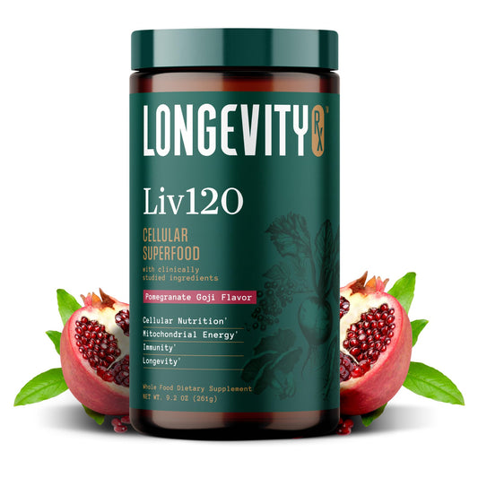 Longevity Rx Liv120 powder bottle with label for daily energy support