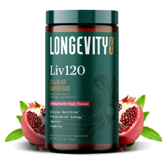 Longevity Rx Liv120 powder bottle with label for daily energy support