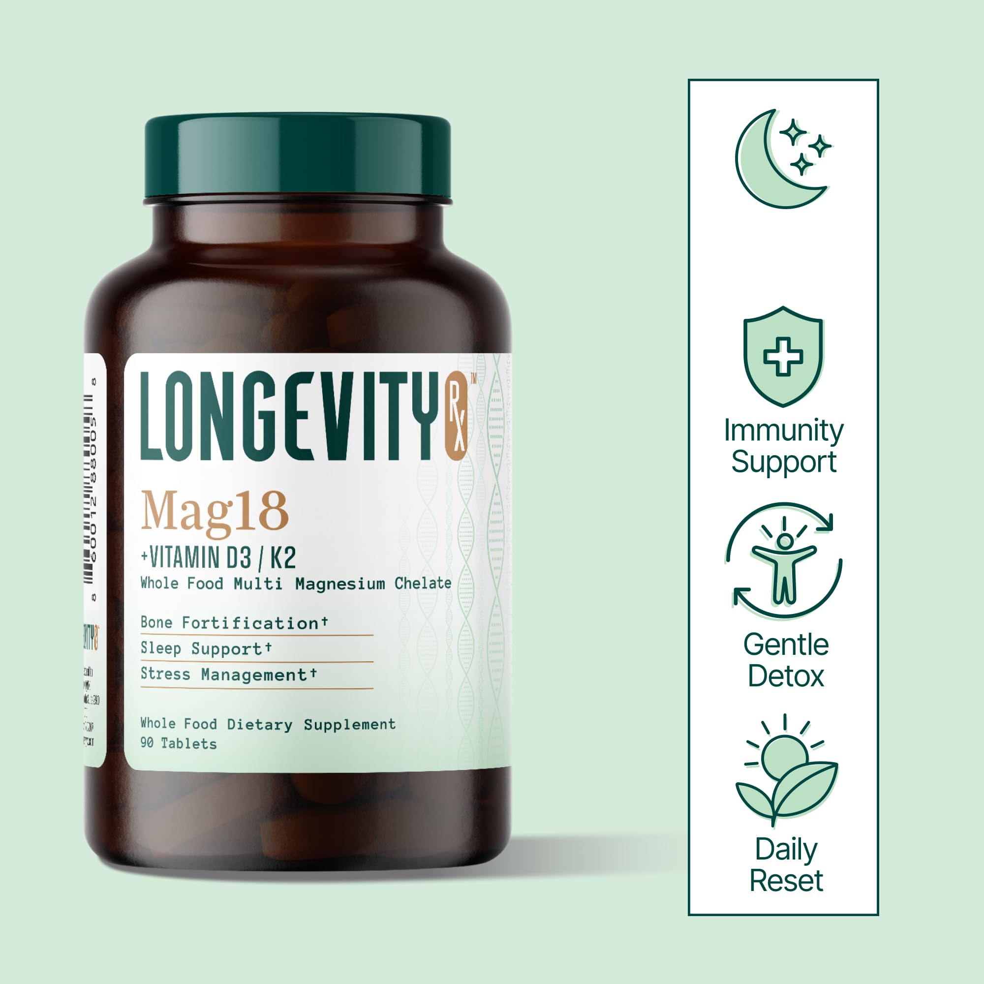 Longevity Rx Mag18 bone health visual shows calcium support.