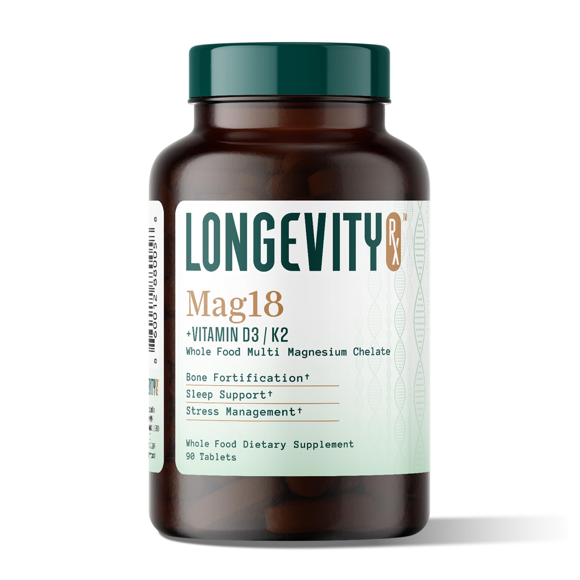 Longevity Rx Mag18 bottle front highlighting bone and sleep support.
