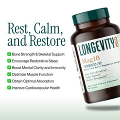Longevity Rx Mag18 capsules closeup showing uniform, compact pellets for easy dosing.