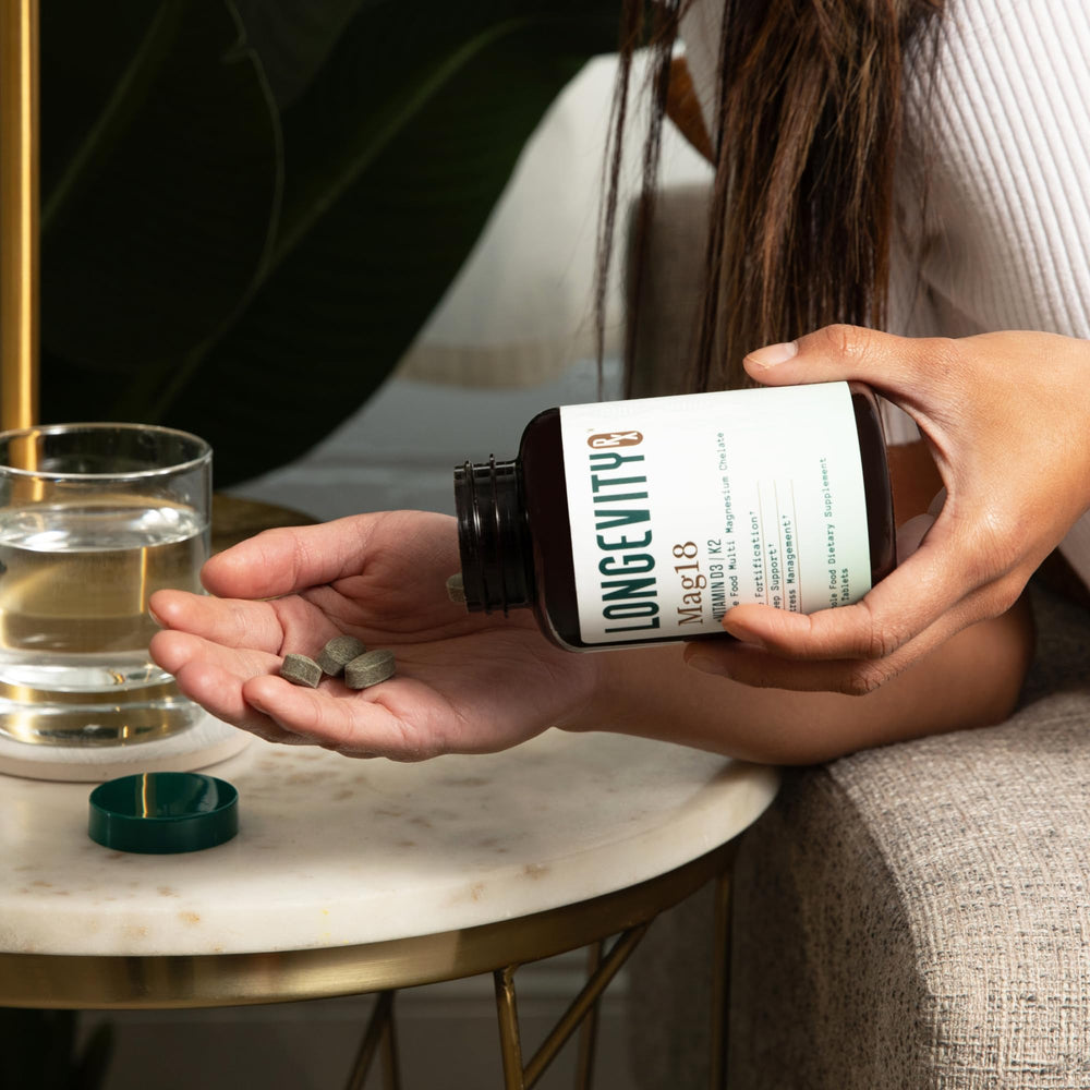 Longevity Rx Mag18 ingredients panel highlights D3 and K2 synergy.