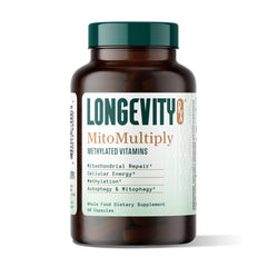 Longevity Rx MitoMultiply bottle front promoting mitochondrial support and energy potential.
