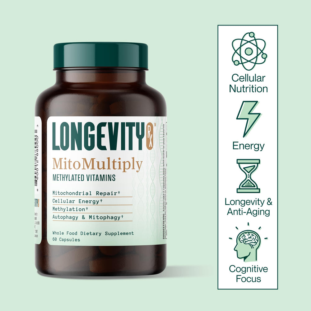 Longevity Rx MitoMultiply capsules in hand for convenient daily use.
